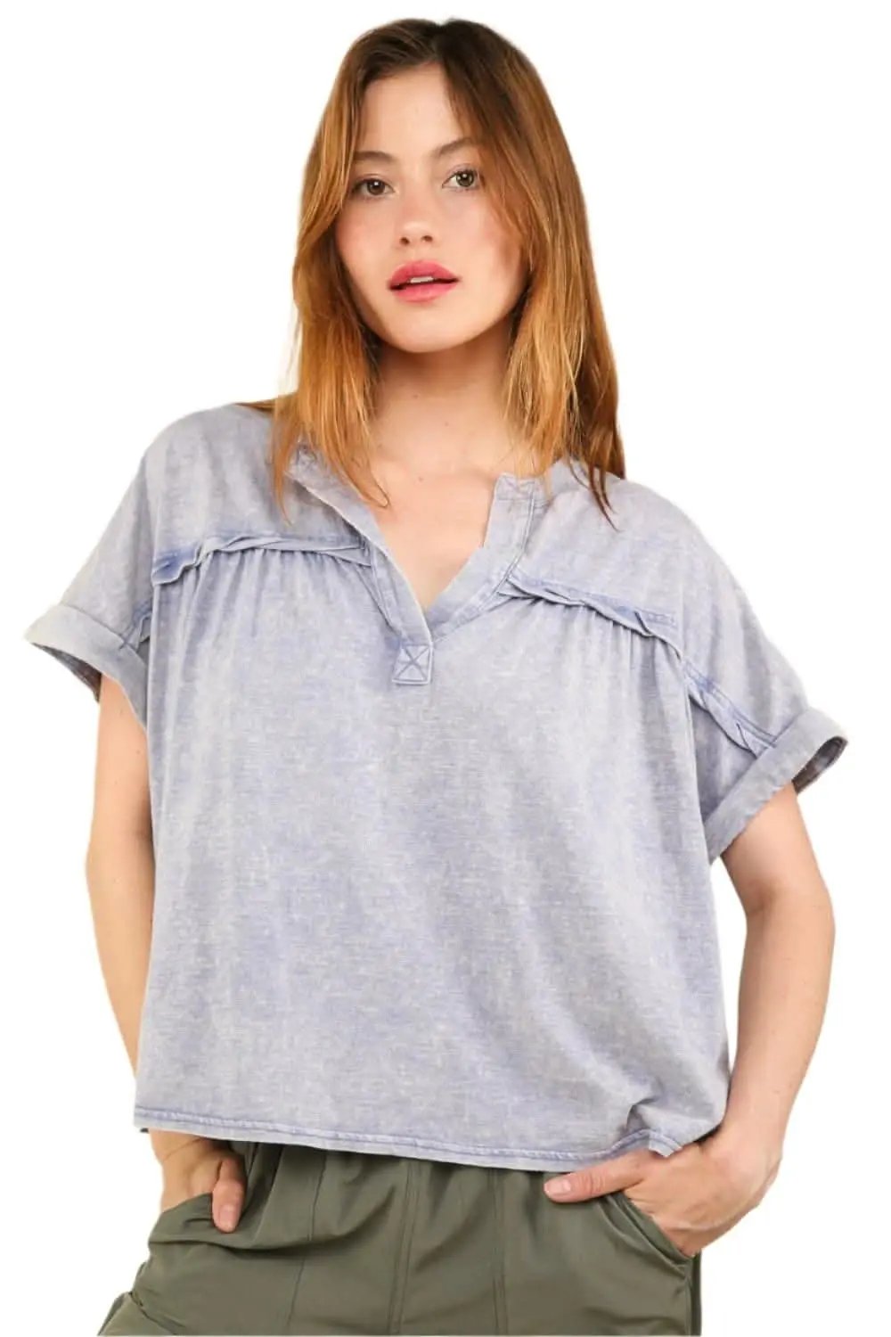 Chic and casual notched short sleeve washed tee - Love Salve